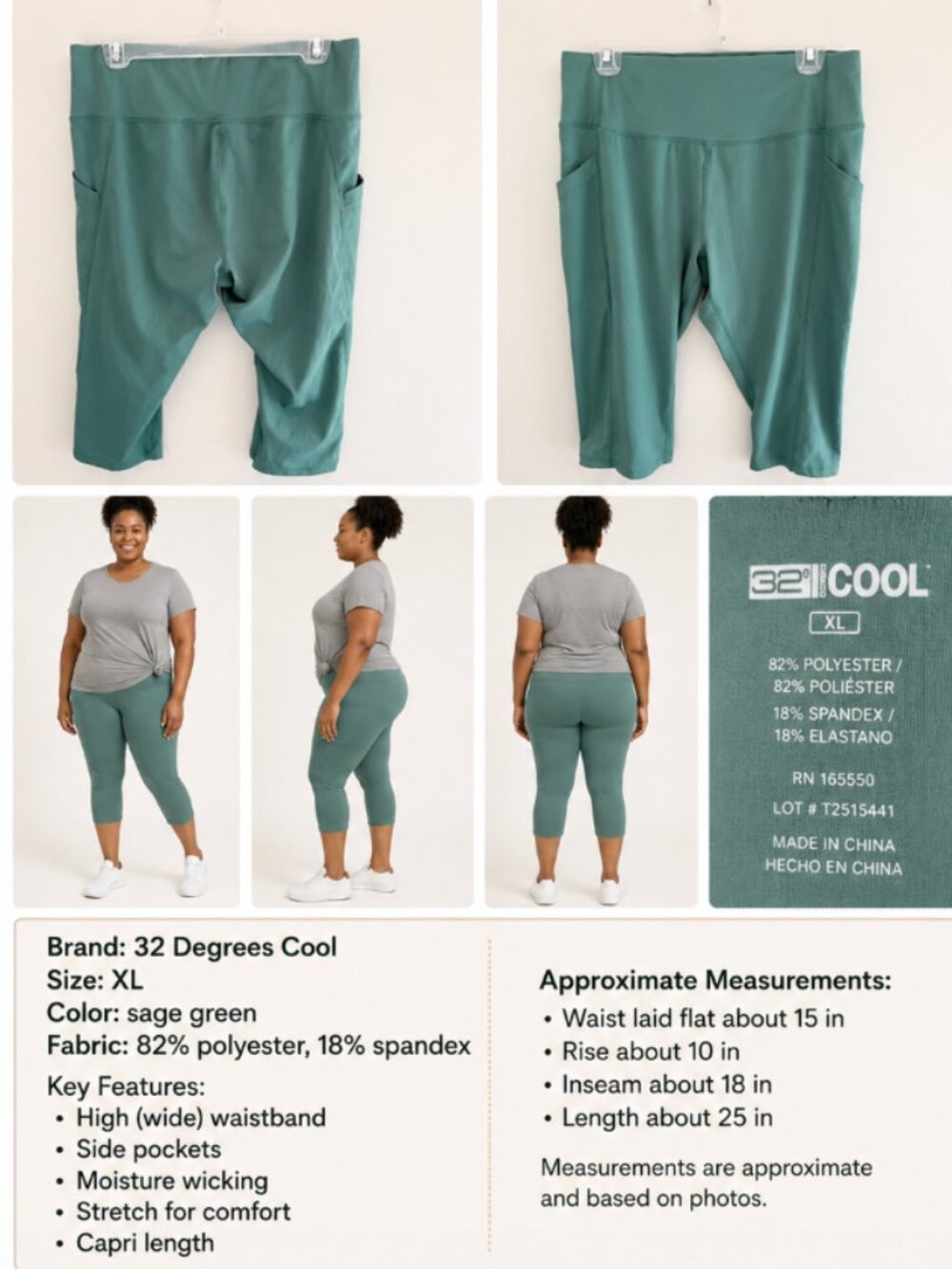 32 Degrees Cool Teal Green High Rise Pocket Capri Leggings Women’s XL